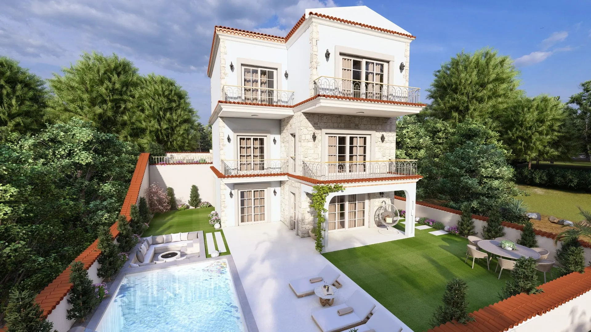 Prestij Leona havuz ve bahçe genel görünümü, üç katlı villa görselleştirmesi